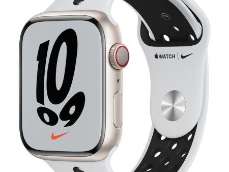 Apple Watch Nike Series 7 GPS + Cellular, 45mm Starlight Aluminum Case with Pure Platinum Black Nike Sport Band on Sale