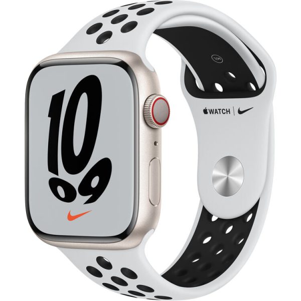 Apple Watch Nike Series 7 GPS + Cellular, 45mm Starlight Aluminum Case with Pure Platinum Black Nike Sport Band on Sale