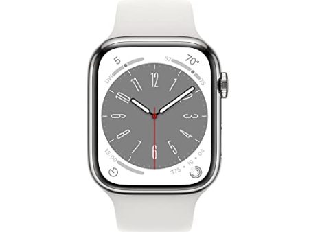 Apple Watch Series 8 GPS + Cellular 45mm Silver Stainless Steel Case w White Sport Band - M L (2022) For Sale