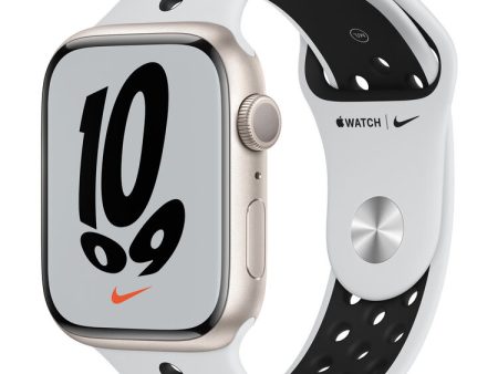 Apple Watch Nike Series 7 GPS, 45mm Starlight Aluminum Case with Pure Platinum Black Nike Sport Band Discount