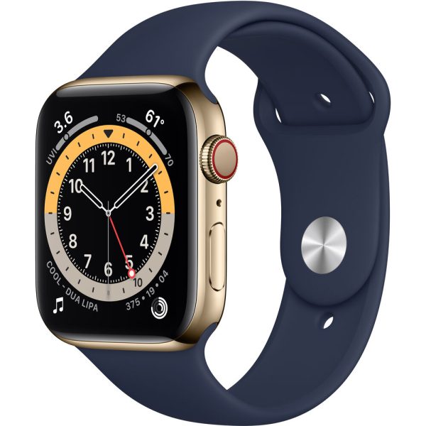 Apple Apple Watch Series 6 GPS + Cellular, 44mm Gold Stainless Steel Case with Deep Navy Sport Band MJXL3LL A (Spring 2021) Hot on Sale