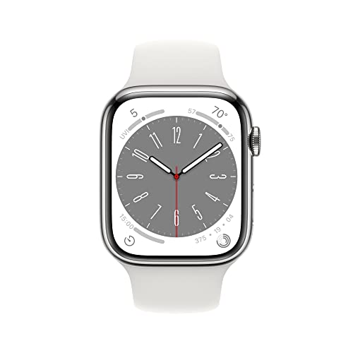 Apple Watch Series 8 GPS + Cellular 45mm Silver Stainless Steel Case w White Sport Band - S M (2022) Online now